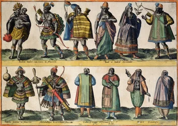 Indiani nordamericani, costumi indiani e orientali, indiani sudamericani e costumi africani e moreschi, da «Costumes of Different Nations of Europe, Asia, Africa and America», pubblicato nel 1581